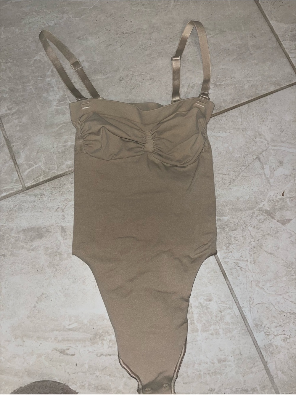 SKIMS Taupe Ruched Bust One-Piece Bodysuit with Adjustable Straps